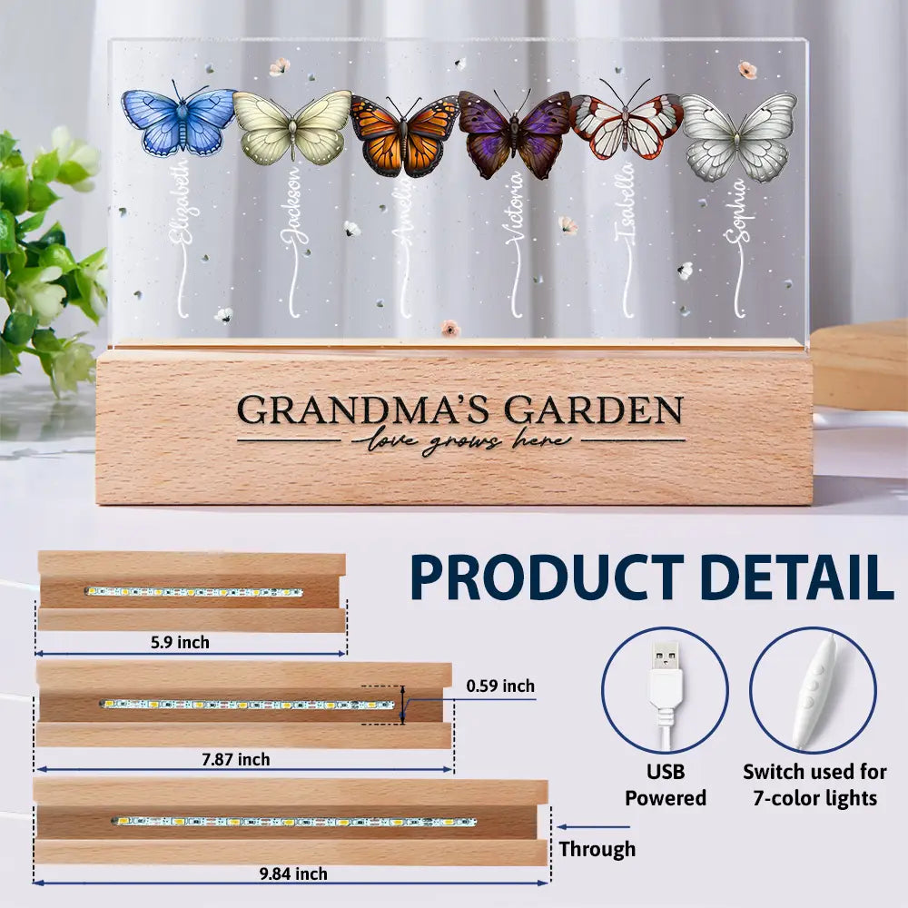 Happy,Gift For Grandma,Gift For Mother,Gift For Wife - Grandma's Garden Birth Butterflies - Personalized Rectangle LED Light
