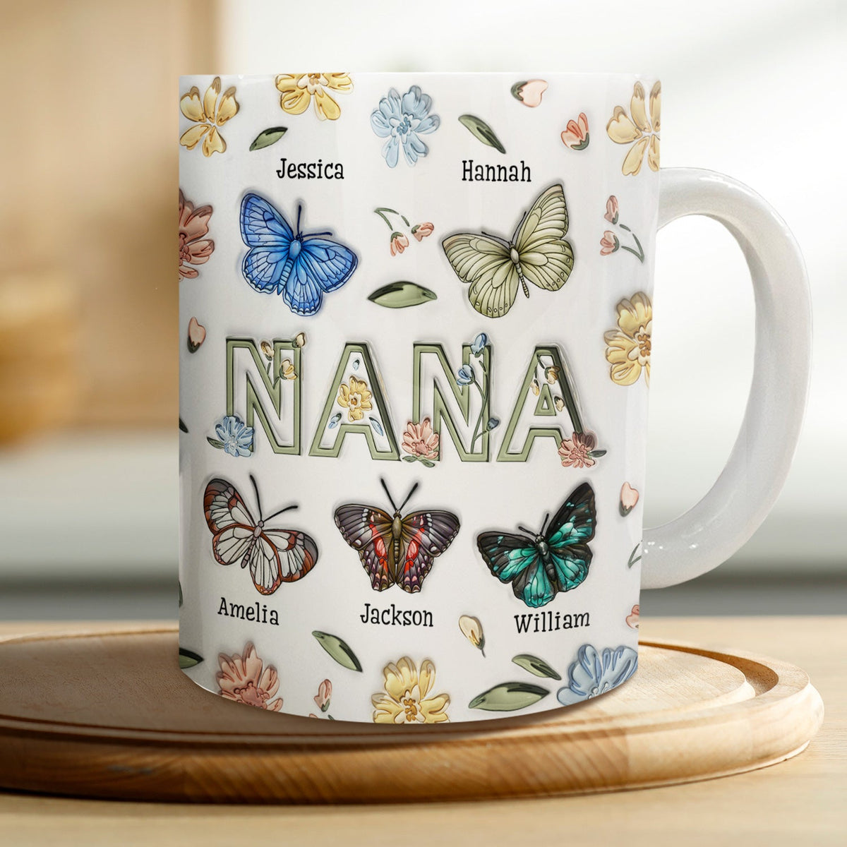 Nana Mom Birth Butterflies - 3D Inflated Effect Printed Mug, Personalized White Edge-to-Edge Mug
