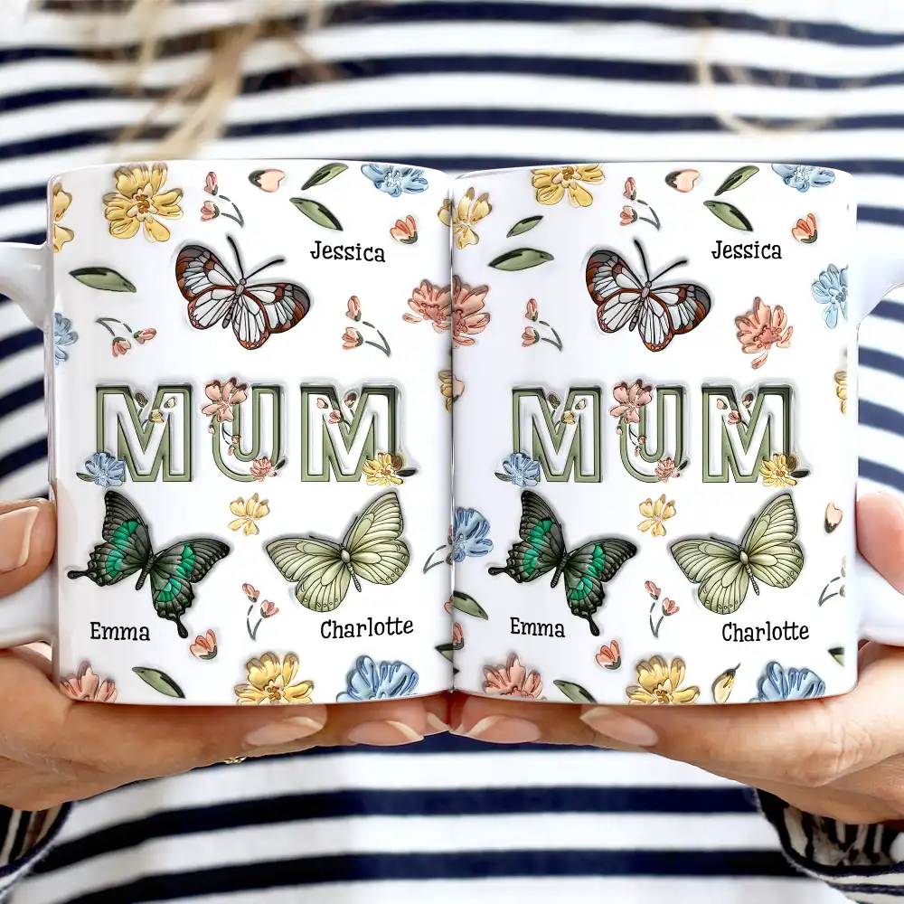 Gift For Grandma, Gift For Mother, Gift For Wife - Nana Mom Birth Butterflies - 3D Inflated Effect Printed Mug, Personalized White Edge-to-Edge Mug
