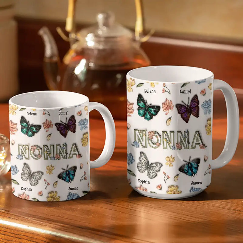 Gift For Grandma, Gift For Mother, Gift For Wife - Nana Mom Birth Butterflies - 3D Inflated Effect Printed Mug, Personalized White Edge-to-Edge Mug
