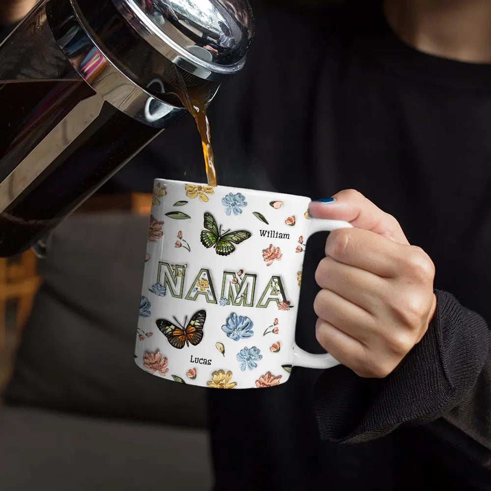 Gift For Grandma, Gift For Mother, Gift For Wife - Nana Mom Birth Butterflies - 3D Inflated Effect Printed Mug, Personalized White Edge-to-Edge Mug
