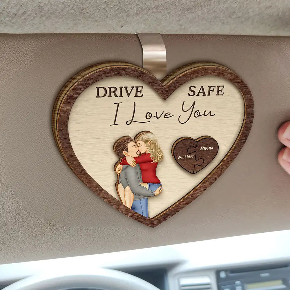 Love,Gift For Couples,Gift For Husband,Gift For Wife,Gift For Boyfriend,Gift For Girlfriend - Drive Safe I Love You Kissing Couples Heart - Personalized Custom Shaped Car Visor Clip