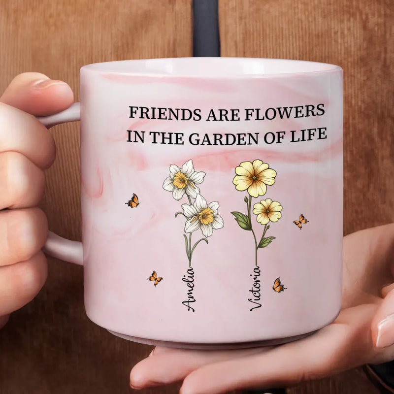 Old Best friends, Gift For Bestie, Gifts For Colleagues - It Takes A Long Time To Grow Old Friends Birth Flowers - Personalized Marble Mug
