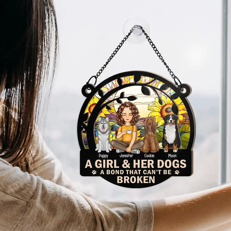 Dog Lovers, Dog Mom - Night Sky A Girl And Her Dog Cartoon Woman With Pet - Personalized Window Hanging Suncatcher Ornament