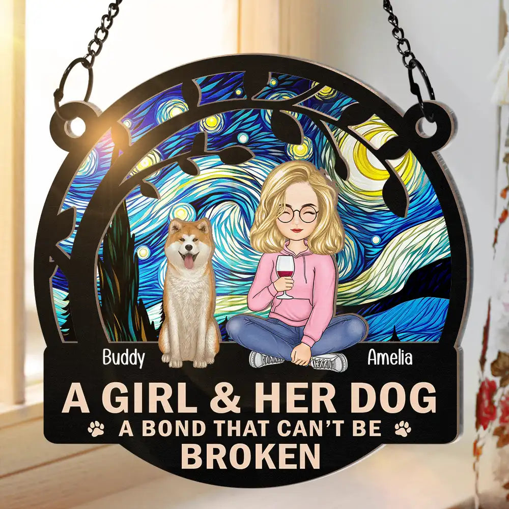Night Sky A Girl And Her Dog Cartoon Woman With Pet - Personalized Window Hanging Suncatcher Ornament