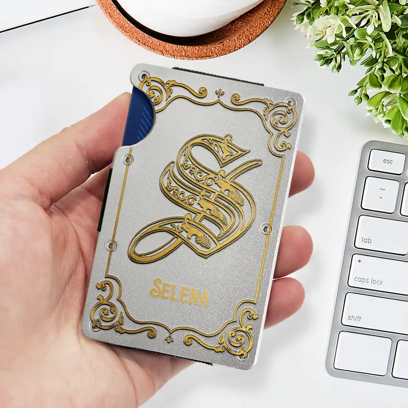 Gift For Men, Gift For Yourself, Gift For Husband - Monogram Vintage Old Letter Custom Name - Personalized Card Wallet With Money Clip