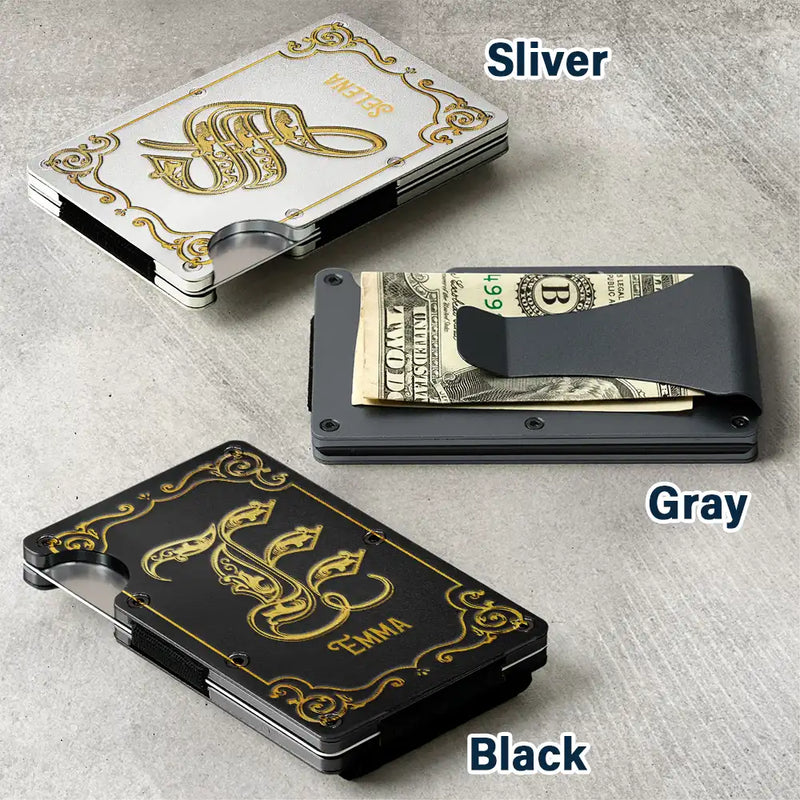 Personalized Stainless Steel Money Clip - Floral Initial Letter Engraving, Cash & Card Holder For Men, Gift For Dad/Boyfriend