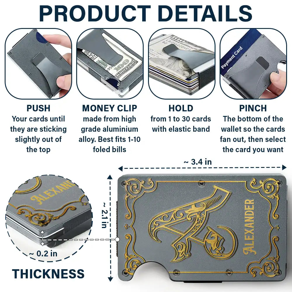 Gift For Men, Gift For Yourself, Gift For Husband - Monogram Vintage Old Letter Custom Name - Personalized Card Wallet With Money Clip