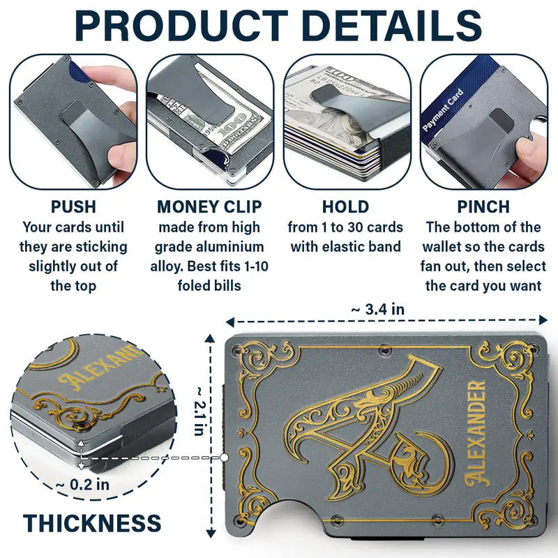 Gift For Men, Gift For Yourself, Gift For Husband - Monogram Vintage Old Letter Custom Name - Personalized Card Wallet With Money Clip