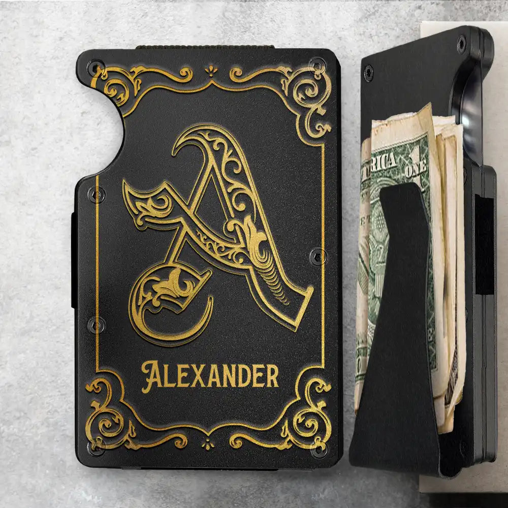 Gift For Men, Gift For Yourself, Gift For Husband - Monogram Vintage Old Letter Custom Name - Personalized Card Wallet With Money Clip