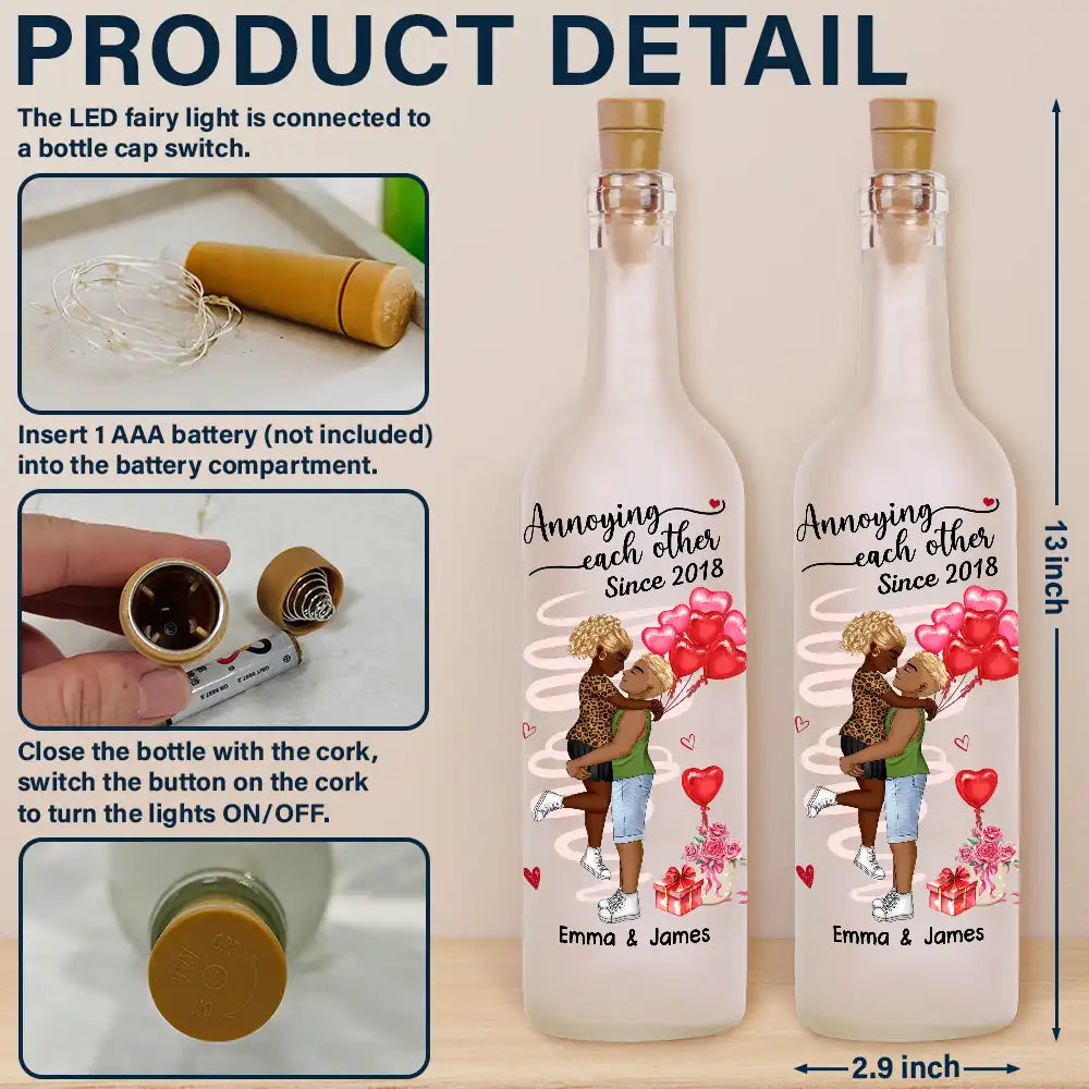 Gift For Couples, Gift For Husband, Gift For Wife - Chibi Side View Carrying Couple Together Since - Personalized Bottle Light