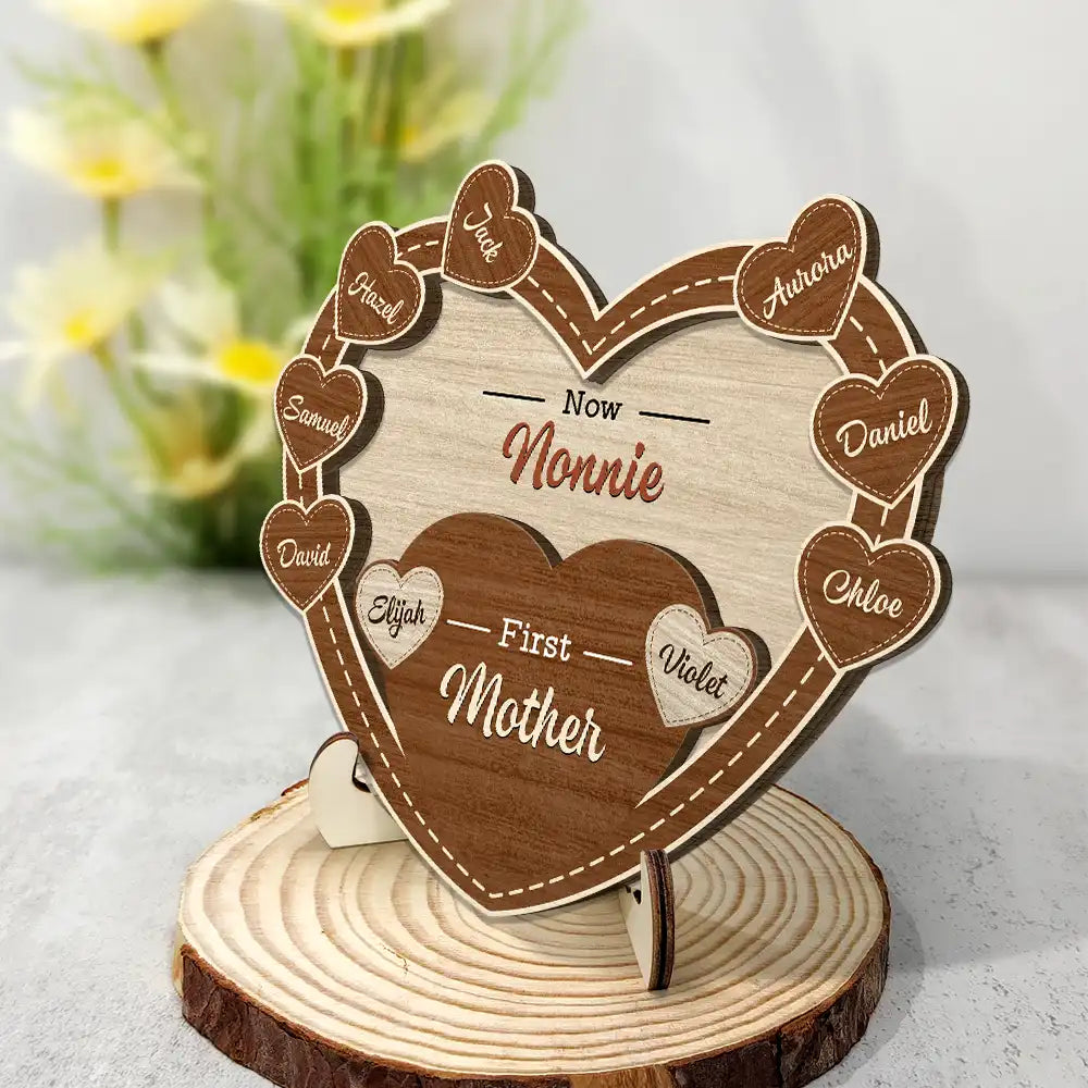 Gift For Grandma,Gift For Mother,Love - First Mom Now Grandma Sweethearts - Personalized 2-Layered Wooden Plaque With Stand