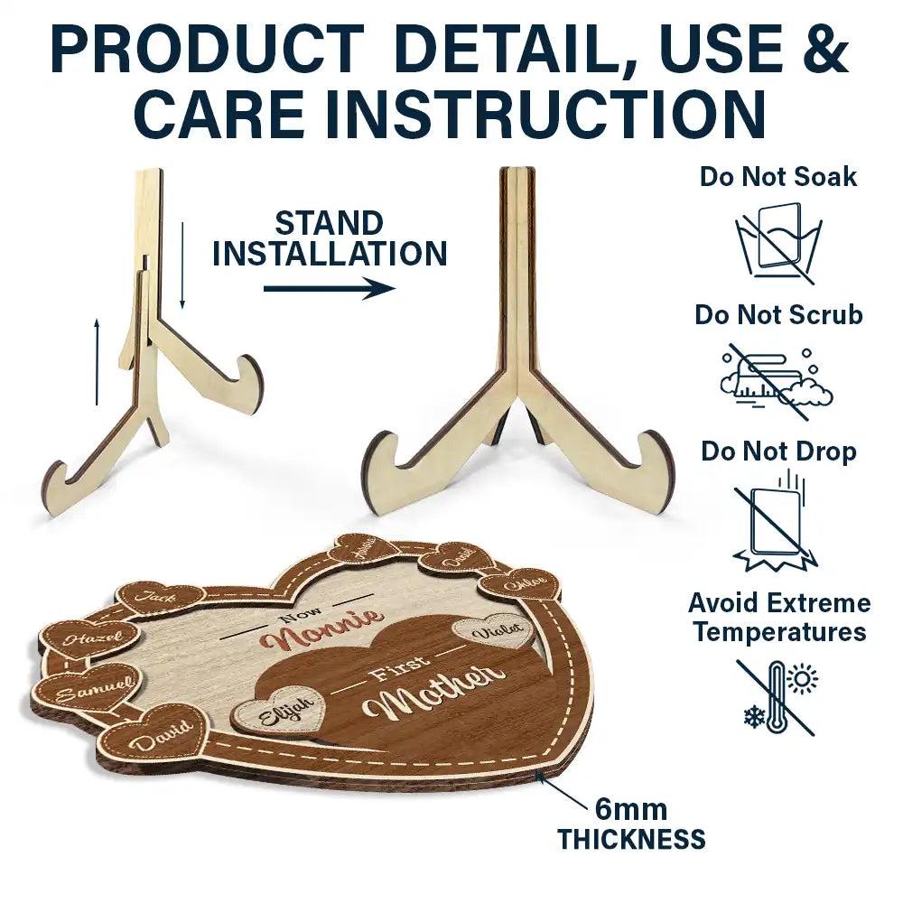 Gift For Grandma,Gift For Mother,Love - First Mom Now Grandma Sweethearts - Personalized 2-Layered Wooden Plaque With Stand