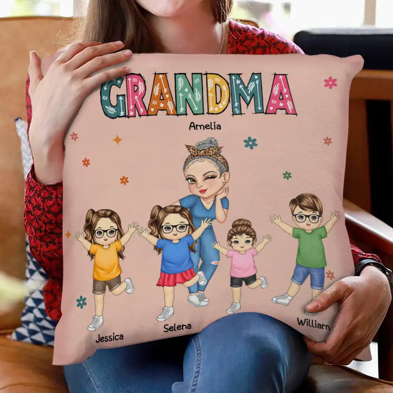 Grandma, Grandkids, Gift For Grandma, Gift For Wife, Gift For Mother - Nana Grandma Mom Kid - Personalized Pillow
