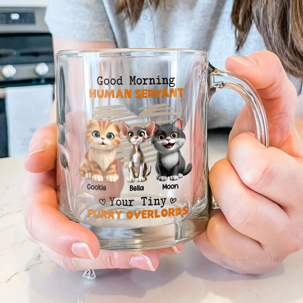 Cat Lovers, Pet Lovers, Funny, Cat Mom, Cat Dad - Good Morning Human Servant Funny Cat - Personalized Glass Mug