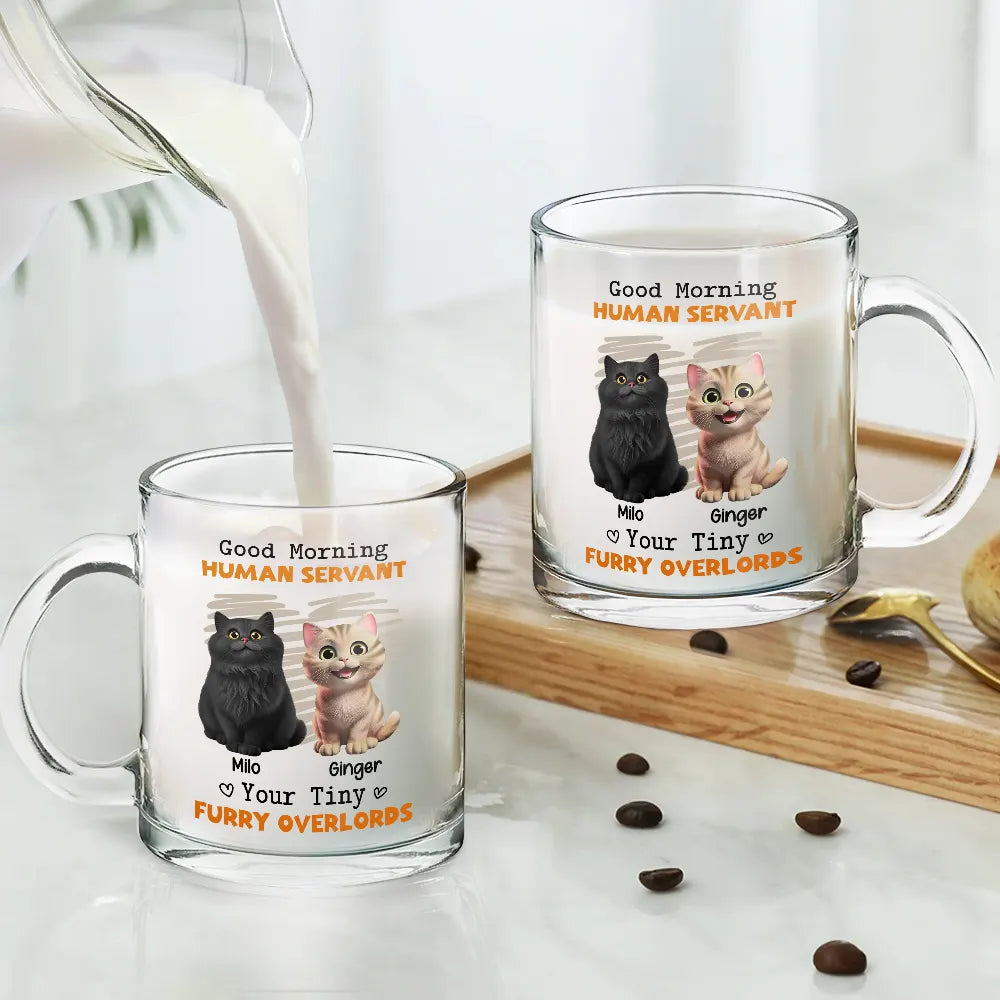 Cat Lovers, Pet Lovers, Funny, Cat Mom, Cat Dad - Good Morning Human Servant Funny Cat - Personalized Glass Mug