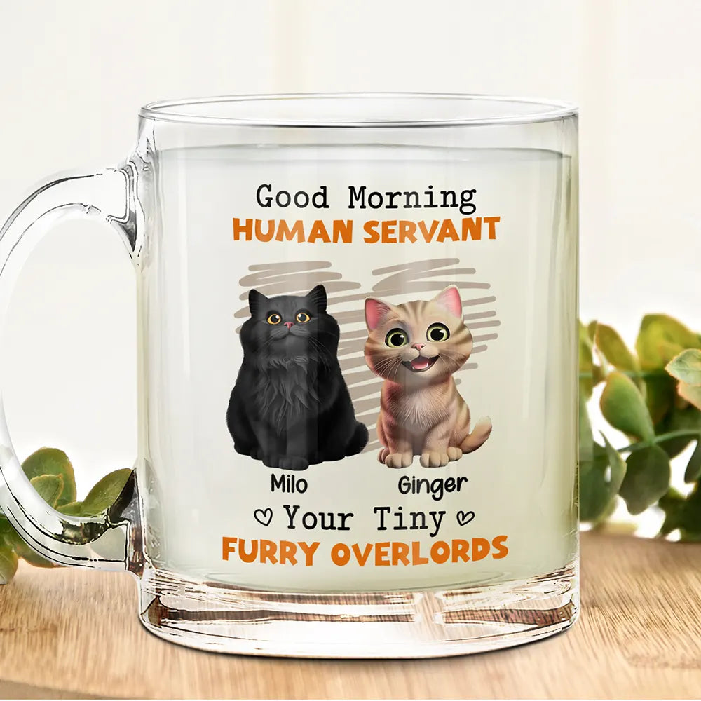 Cat Lovers, Pet Lovers, Funny, Cat Mom, Cat Dad - Good Morning Human Servant Funny Cat - Personalized Glass Mug