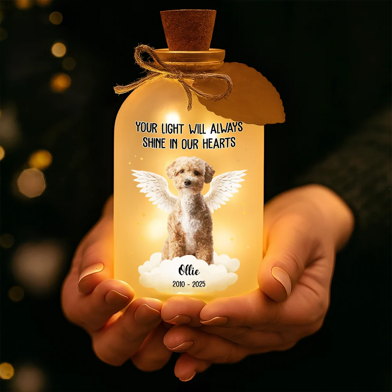 Family, Pet Lovers, Pet Mom, Pet Dad, Pet Couple, Dog Lovers, Dog Mom, Dog Dad, Dog Couple, Cat Lovers, Cat Mom, Cat Dad, Cat Couple, Memorial, Sad - Custom Photo Memorial Your Light Will Always Shine In My Heart - Personalized Short Bottle Light