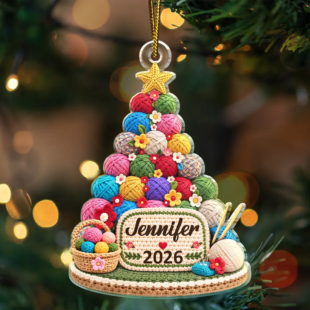 Christmas,Crocheting,Cozy,Gift For Yourself,Gift For Women,Custom Text - Yarn Christmas Tree For Crochet & Knitting Lovers - Personalized Custom Shaped Acrylic Ornament