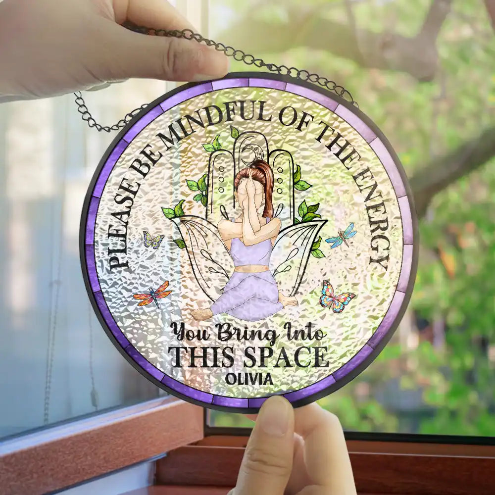 Gift For Yourself, Gift For Women, Yoga, Happy - Yoga Be Mindful Of The Energy - Personalized Stained Glass Window Hanging Suncatcher