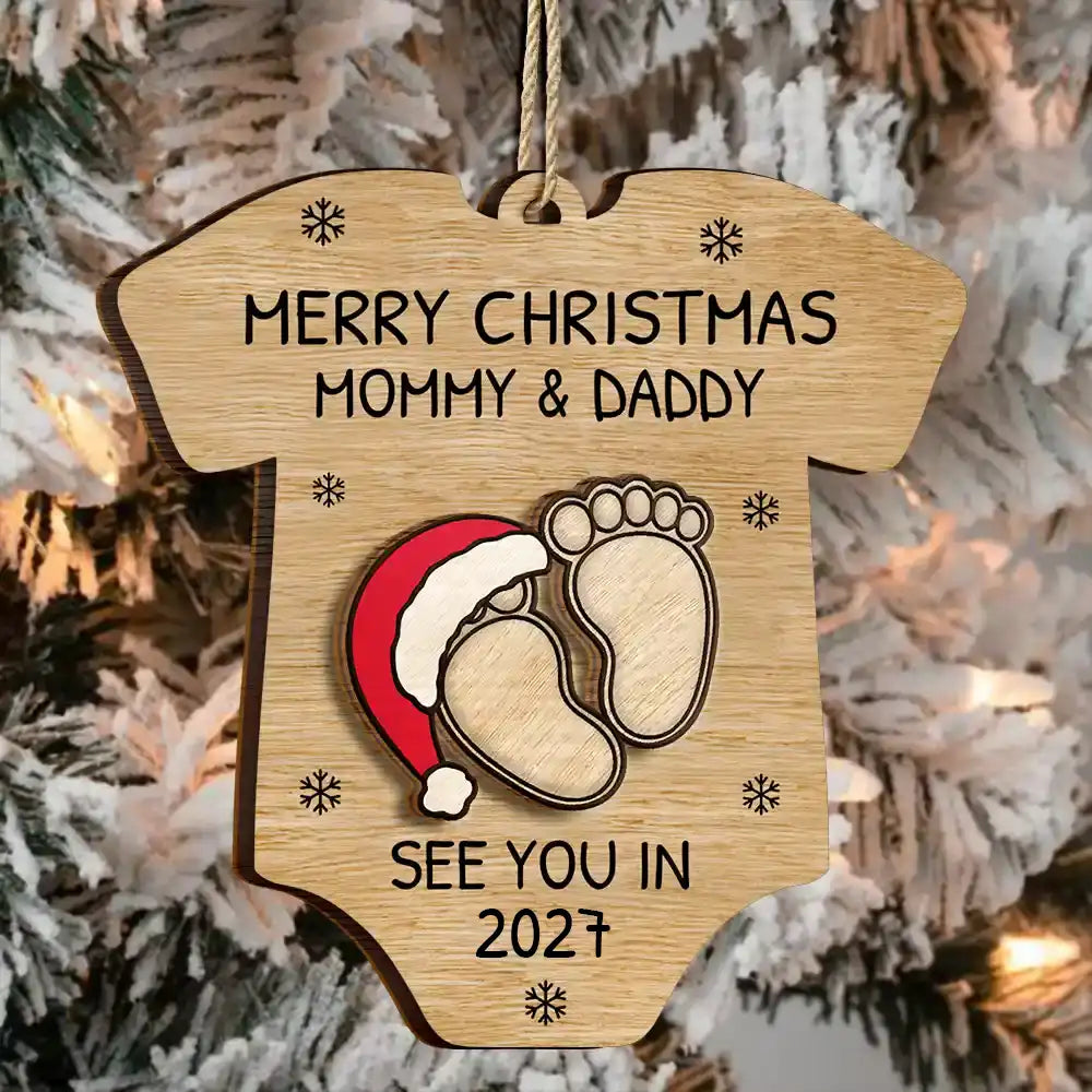 Baby Expecting See You In 2027 Onesie Shaped - Personalized 2-Layered Wooden Ornament