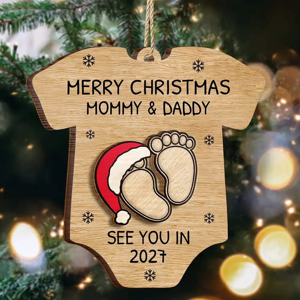 Baby Expecting See You In 2027 Onesie Shaped - Personalized 2-Layered Wooden Ornament