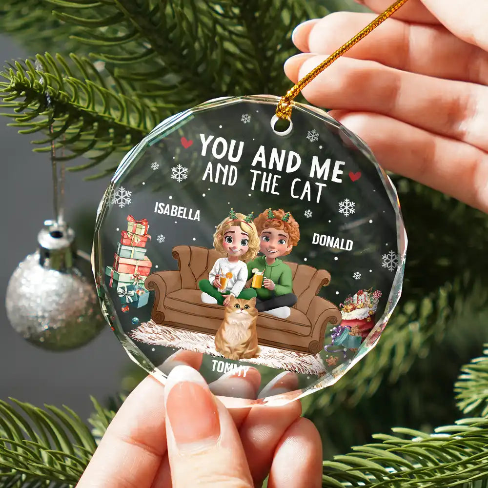 Funny,Cat Couple,Christmas - You And Me And The Cats 3d Effect - Personalized Circle Glass Ornament