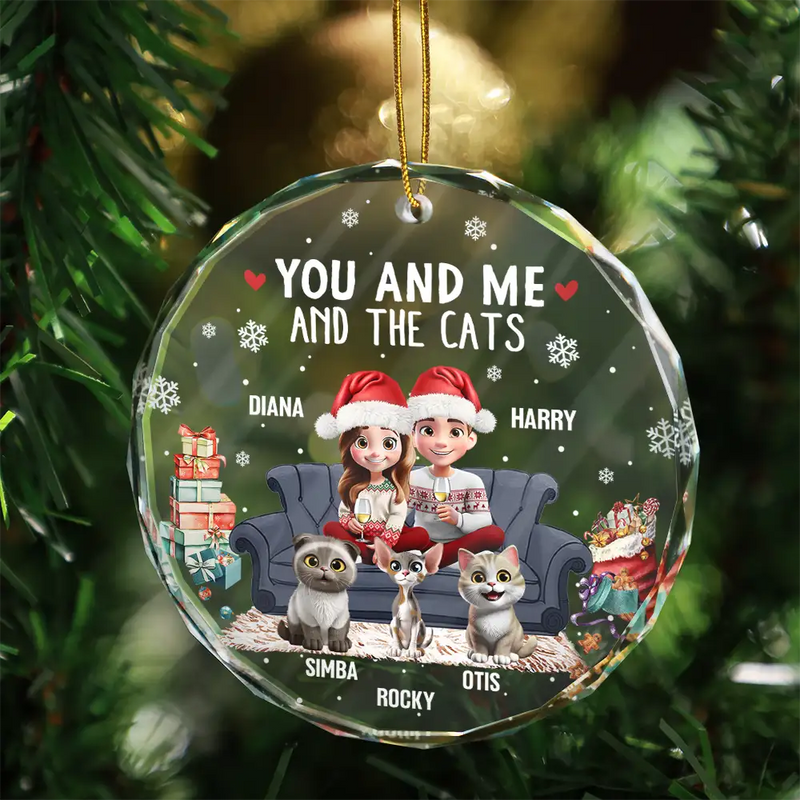 Funny,Cat Couple,Christmas - You And Me And The Cats 3d Effect - Personalized Circle Glass Ornament
