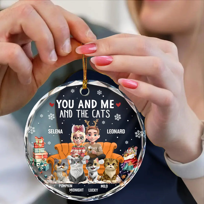 Funny,Cat Couple,Christmas - You And Me And The Cats 3d Effect - Personalized Circle Glass Ornament