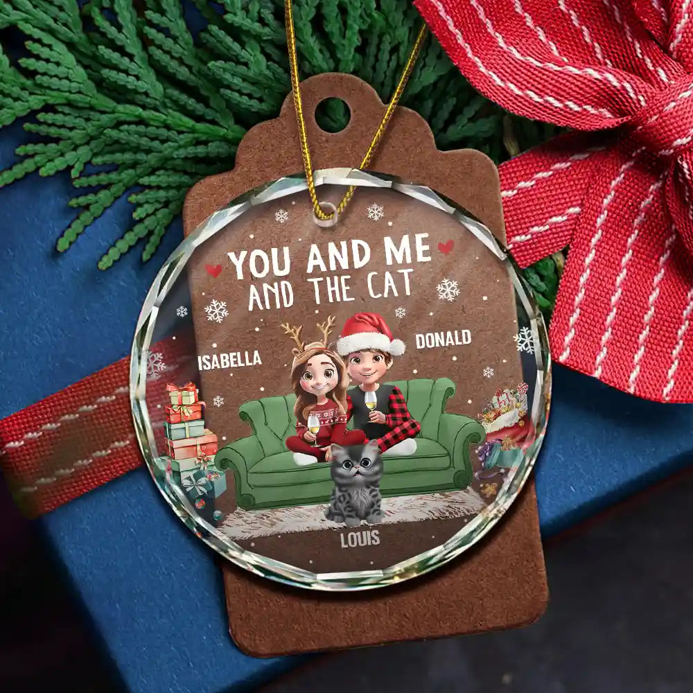 Funny,Cat Couple,Christmas - You And Me And The Cats 3d Effect - Personalized Circle Glass Ornament