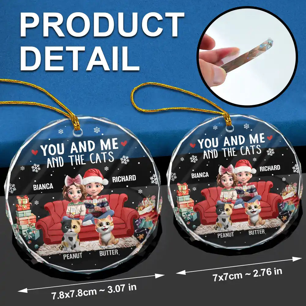 Funny,Cat Couple,Christmas - You And Me And The Cats 3d Effect - Personalized Circle Glass Ornament