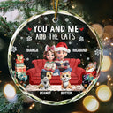 Funny,Cat Couple,Christmas - You And Me And The Cats 3d Effect - Personalized Circle Glass Ornament