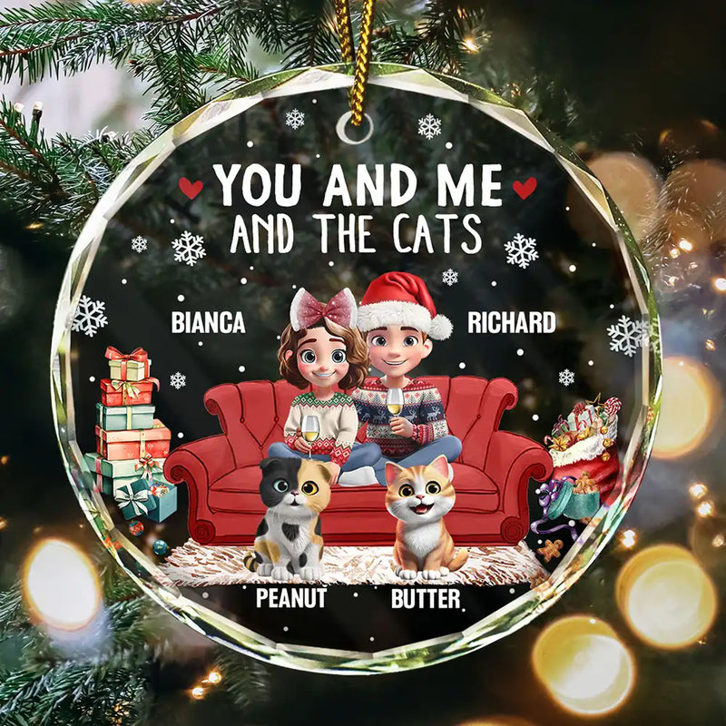 Funny,Cat Couple,Christmas - You And Me And The Cats 3d Effect - Personalized Circle Glass Ornament