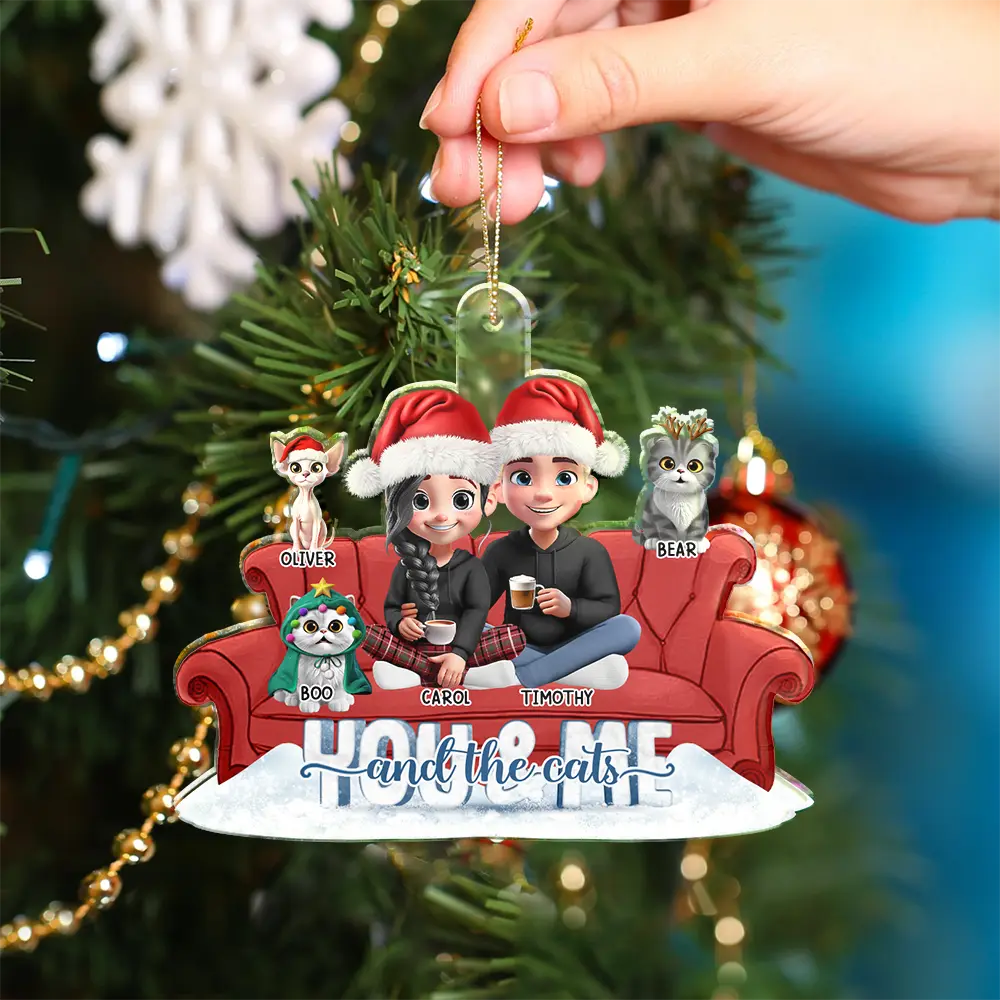 Happy,Cat Couple,Christmas - You And Me And The Cats Couch - Personalized Custom Shaped Acrylic Ornament