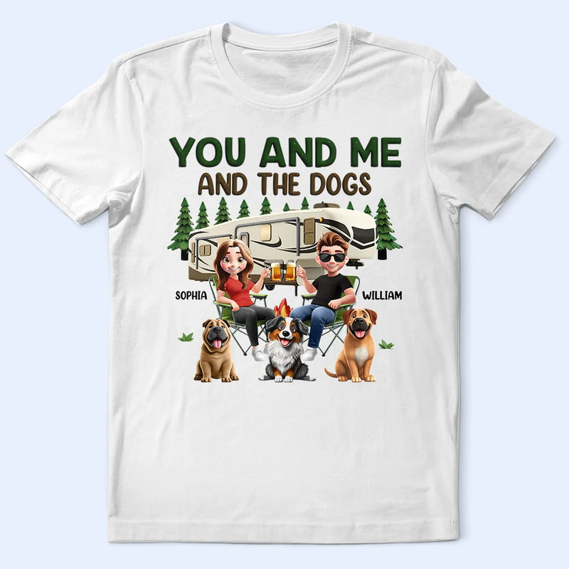 Camping, Campsite, Couple's Hobby, Happy, Gift For Couples, Dog Couple, Dog Lovers - You And Me And The Dogs Camping Cartoon - Personalized T Shirt