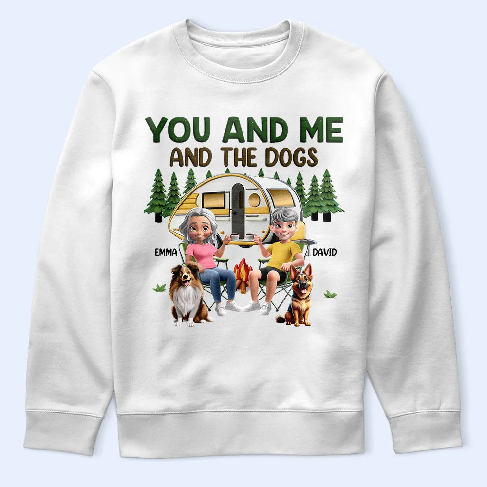 Camping, Campsite, Couple's Hobby, Happy, Gift For Couples, Dog Couple, Dog Lovers - You And Me And The Dogs Camping Cartoon - Personalized T Shirt