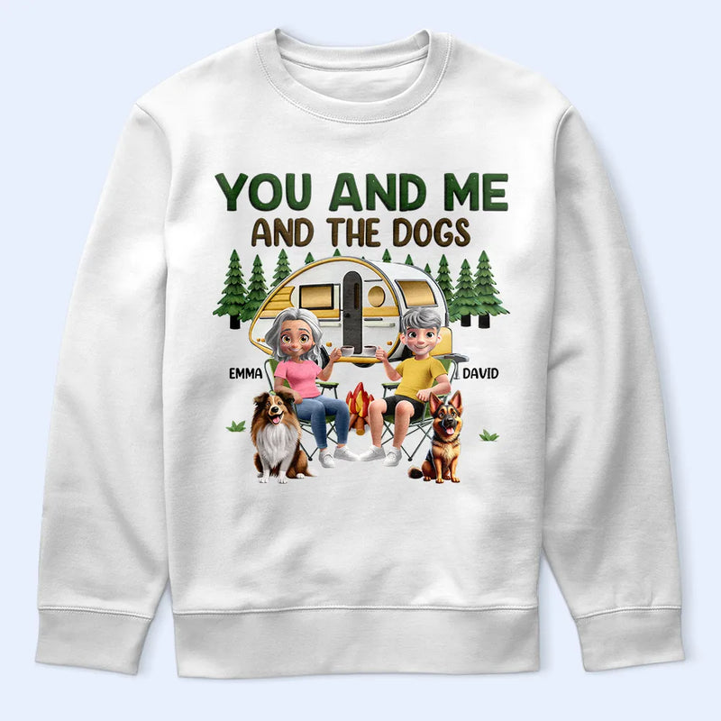 Camping, Campsite, Couple's Hobby, Happy, Gift For Couples, Dog Couple, Dog Lovers - You And Me And The Dogs Camping Cartoon - Personalized T Shirt