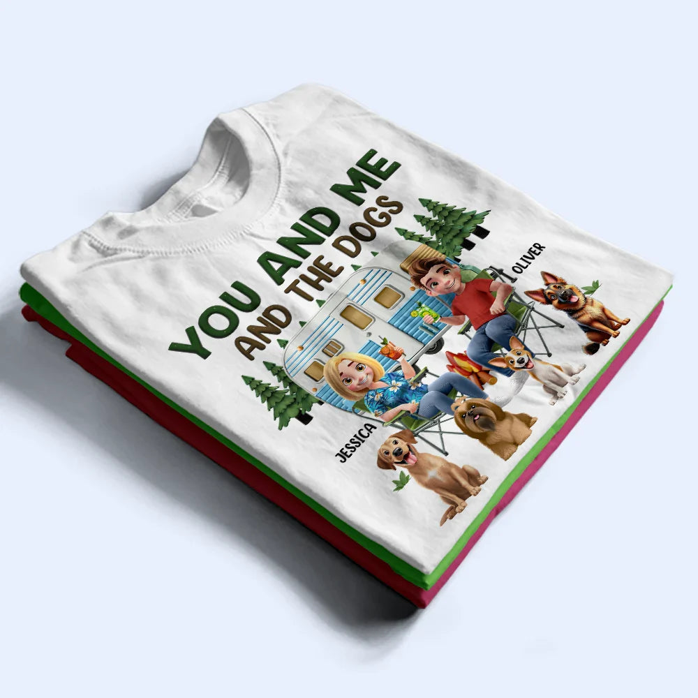 Camping, Campsite, Couple's Hobby, Happy, Gift For Couples, Dog Couple, Dog Lovers - You And Me And The Dogs Camping Cartoon - Personalized T Shirt