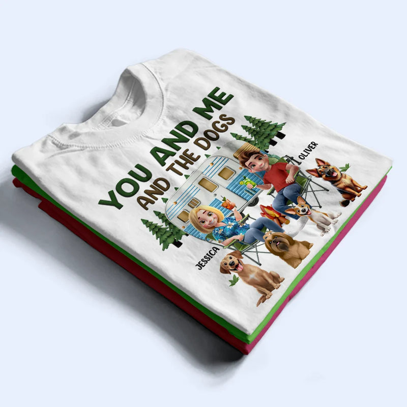 Camping, Campsite, Couple's Hobby, Happy, Gift For Couples, Dog Couple, Dog Lovers - You And Me And The Dogs Camping Cartoon - Personalized T Shirt
