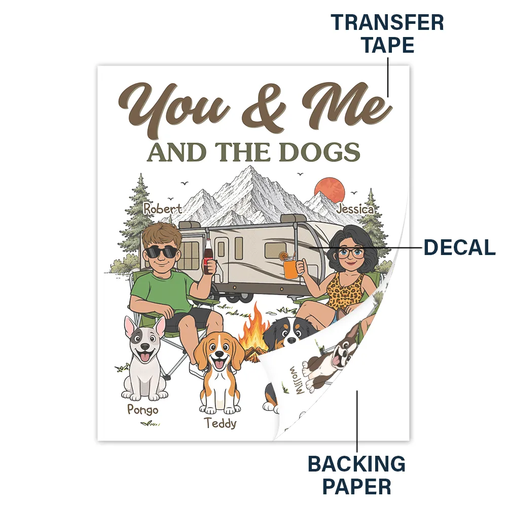 Dog Couple,Playful,Camping,Dog Lovers,Pet Lovers,Gift For Couples,Vector - You And Me And The Dogs Camping Couple - Personalized Decor Decal
