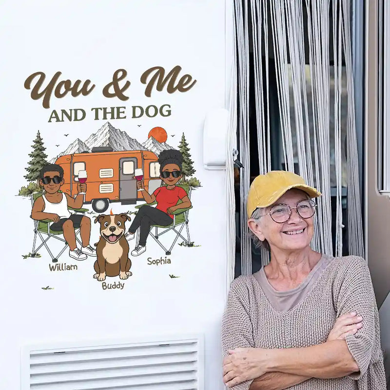 Dog Couple,Playful,Camping,Dog Lovers,Pet Lovers,Gift For Couples,Vector - You And Me And The Dogs Camping Couple - Personalized Decor Decal