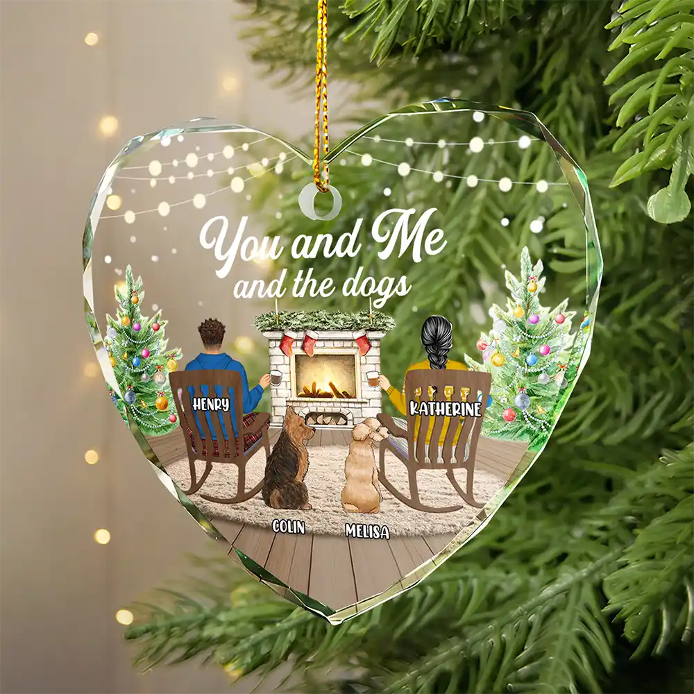 Pet Couple,Love,Christmas - You And Me And The Dogs Cozy Home - Personalized Heart Shaped Glass Ornament