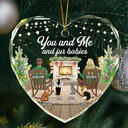 Pet Couple,Love,Christmas - You And Me And The Dogs Cozy Home - Personalized Heart Shaped Glass Ornament