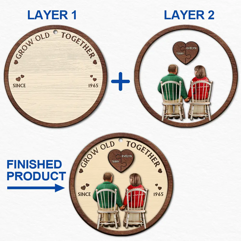 Christmas, Happy, Love, Old Couples - You And Me Grow Old Together - Personalized 2-Layered Wooden Ornament