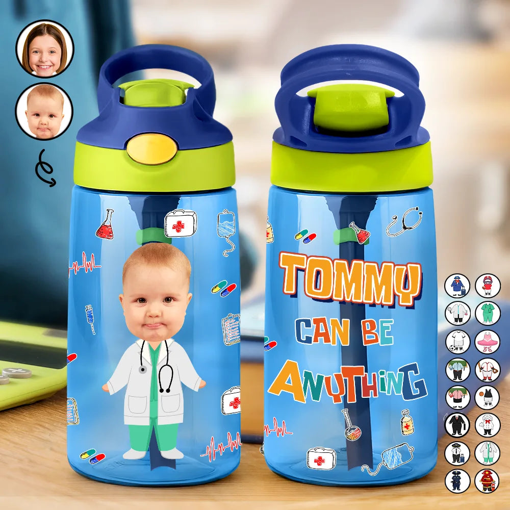 Gift For Kids, Back To School - Custom Photo You Can Be Anything - Personalized Kids Water Bottle With Straw