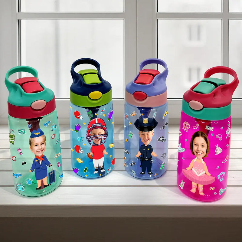 Gift For Kids, Back To School - Custom Photo You Can Be Anything - Personalized Kids Water Bottle With Straw