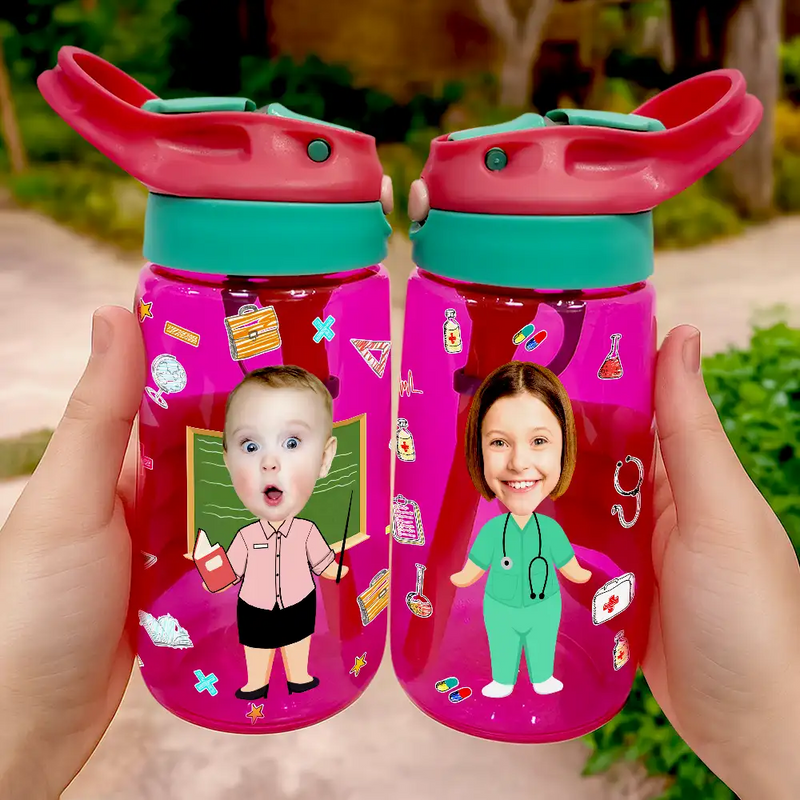 Gift For Kids, Back To School - Custom Photo You Can Be Anything - Personalized Kids Water Bottle With Straw