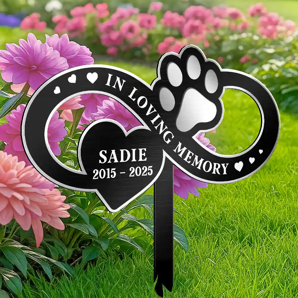Sad, Memorial, Dog Lovers, Cat Lovers, Pet Lovers - You Left A Paw Print On Our Hearts Forever - Personalized Metal Garden Stake