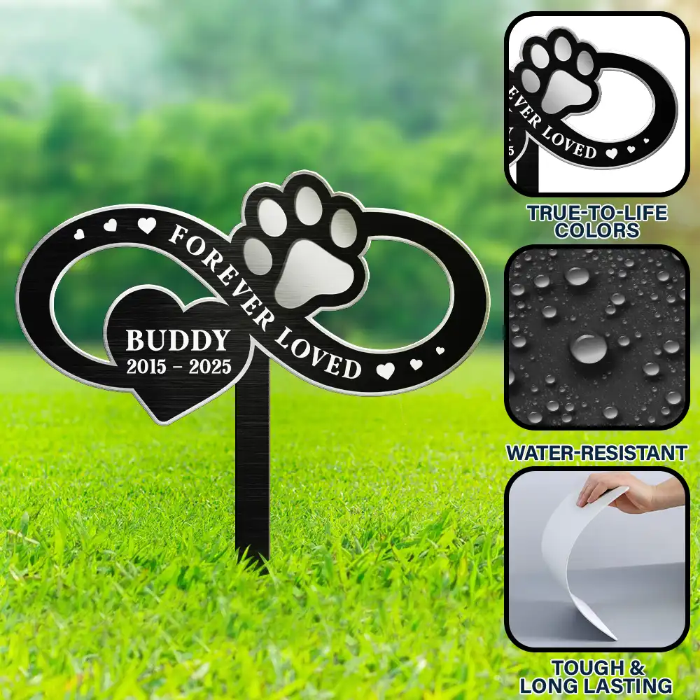 Sad, Memorial, Dog Lovers, Cat Lovers, Pet Lovers - You Left A Paw Print On Our Hearts Forever - Personalized Metal Garden Stake