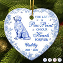 Sad, Memorial, Dog Lovers, Pet Lovers, Cat Lovers, Christmas - You Left A Paw Print On Our Hearts Memorial Dog Cat - Personalized Heart Ceramic Ornament